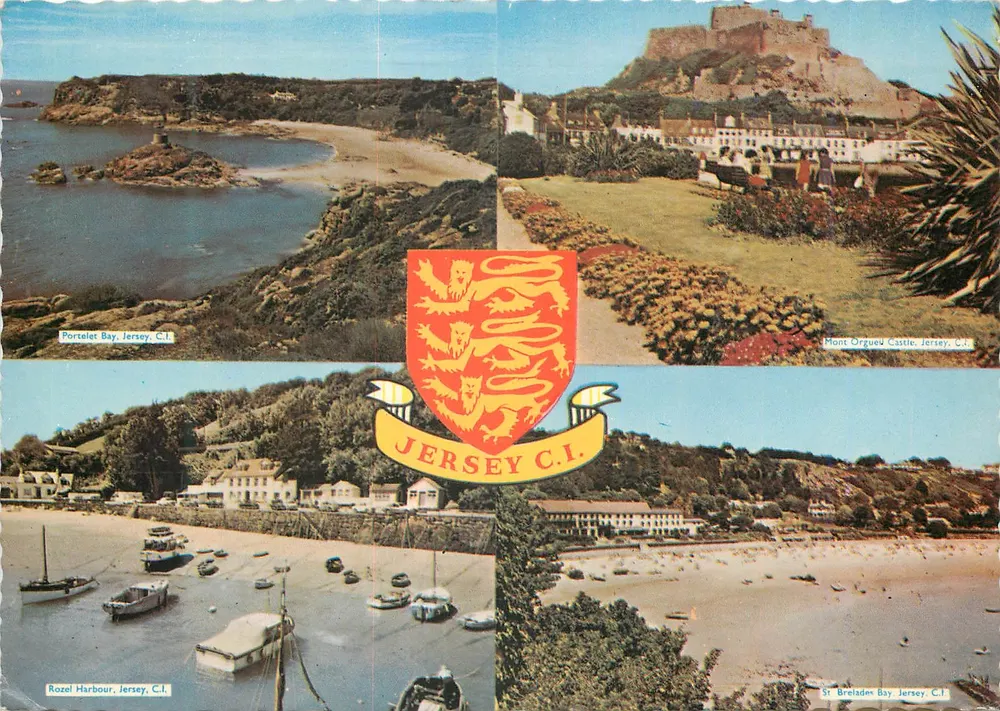 Portelet Bay, Castelo de Mont Orgueil, Porto de Rozel e Baía de St Brelade — Jersey C.I. - Frente