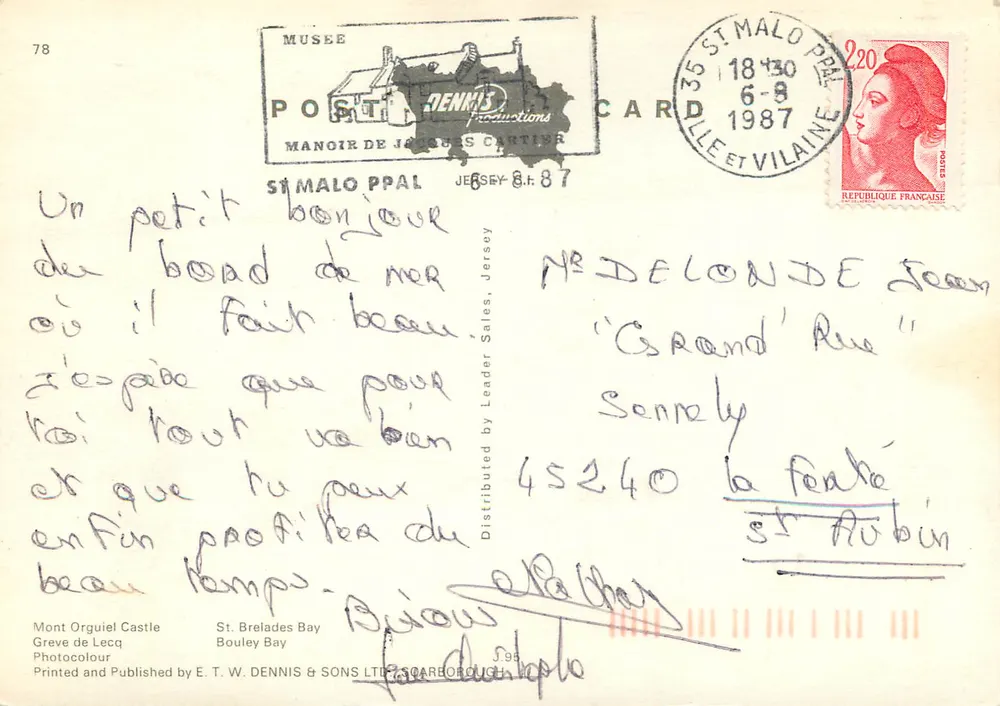 Jersey — Mont Orgueil Castle, St. Brelades Bay, Bouley Bay und Küstenansichten — E. T. W. DENNIS & SONS LTD, Scarborough - Rückseite