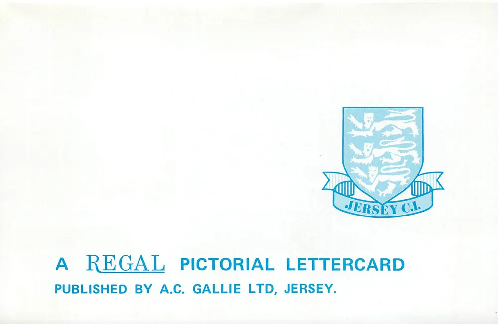 Jersey C.I. — Rozel, Plemont, Havre des Pas, St. Brelades, Mont Orgueil, Portelet — Regal Pictorial Lettercard, A.C. Gallie Ltd. - Rückseite