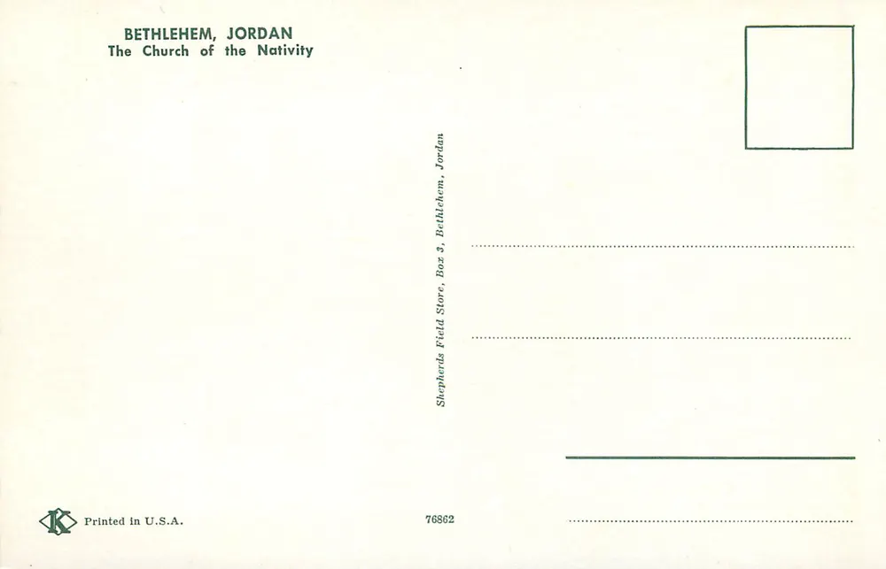 Bethlehem, Jordanien — Die Geburt Christi — Verlag Shepherd's Field Store, Nr. 76862 - Rückseite