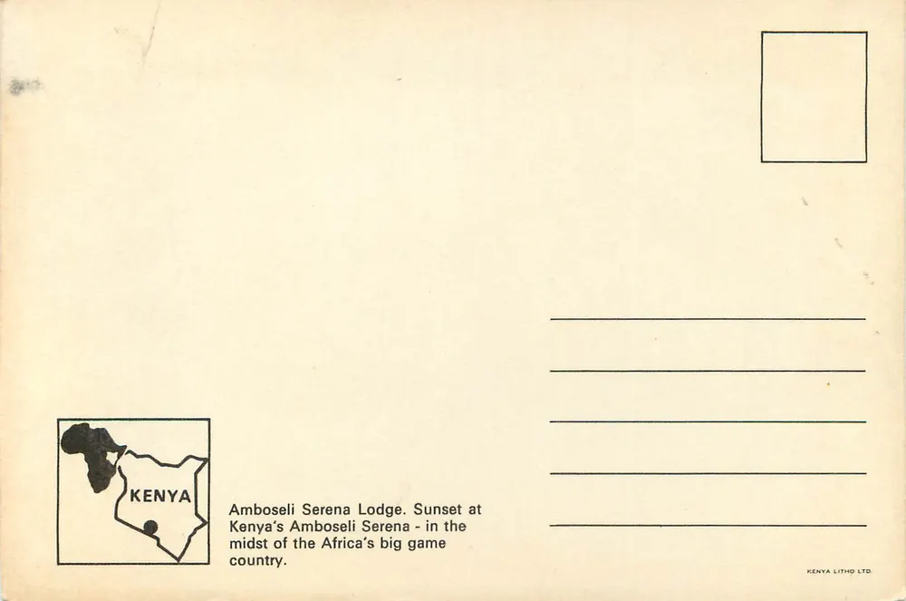 Amboseli Serena Lodge — Sonnenuntergang — Verlag KENYA LITHO LTD - Rückseite