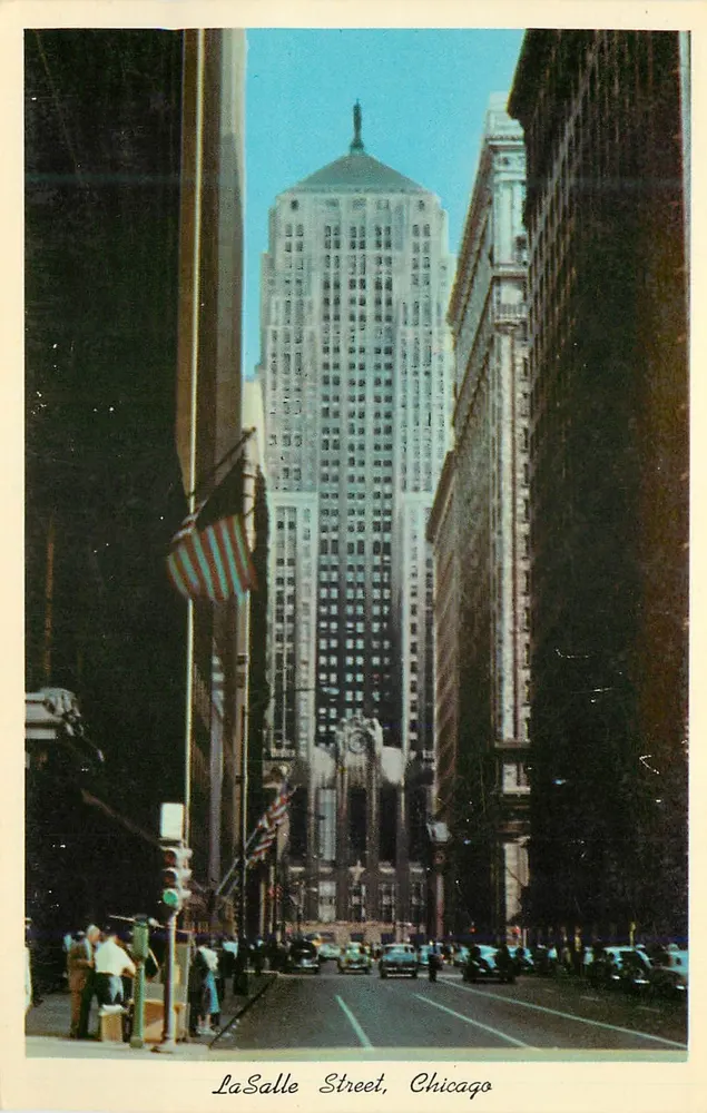 LaSalle Street, Chicago — vista da Torre de Comércio da Board of Trade — Aero Distributing Co., Chicago, Illinois - Frente