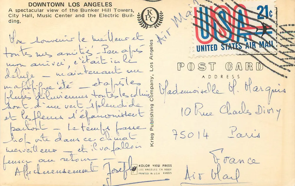 Downtown Los Angeles — vista das Bunker Hill Towers, City Hall e do Music Center — Krieg Publishing Company - Verso