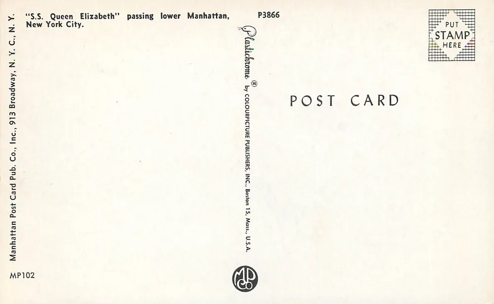 S.S. Queen Elizabeth — vorbei an Lower Manhattan — Manhattan Post Card Co. P3866 - Rückseite