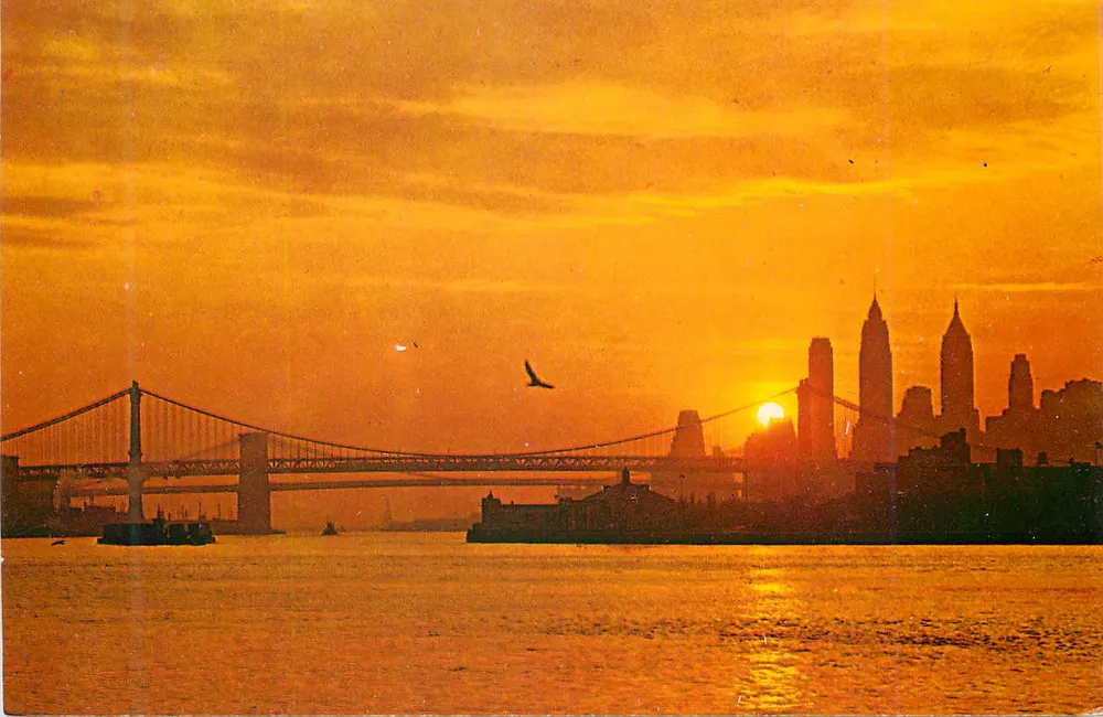 Pôr do sol sobre Nova York — pontes e skyline — Cartão postal P67303 - Frente