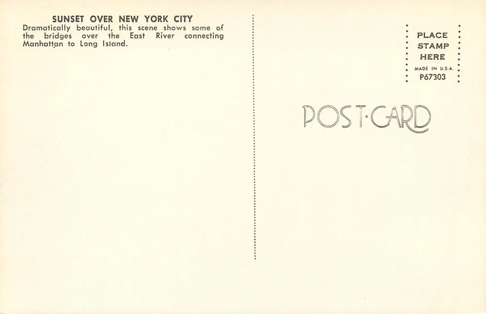 Pôr do sol sobre Nova York — pontes e skyline — Cartão postal P67303 - Verso