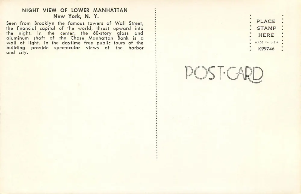Nachtansicht von Lower Manhattan — New York, N.Y. — Verlag POST-CARD, Nr. K99746 - Rückseite