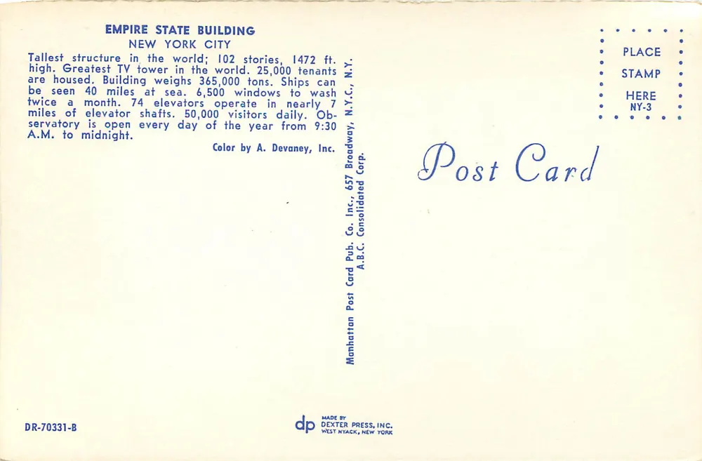 Empire State Building — New York City — Manhattan Post Card Corp. DR-70331-B - Achterkant