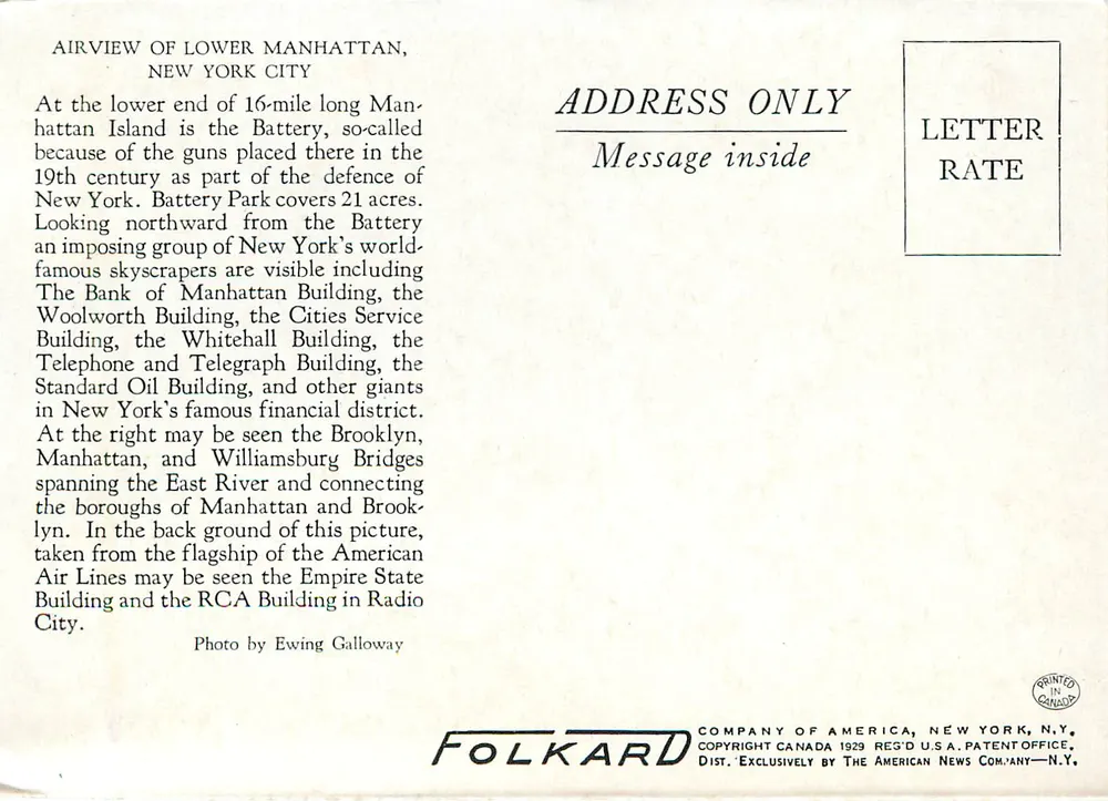 Luftbild von Lower Manhattan, New York City — (101) — Folkard Company of America - Rückseite