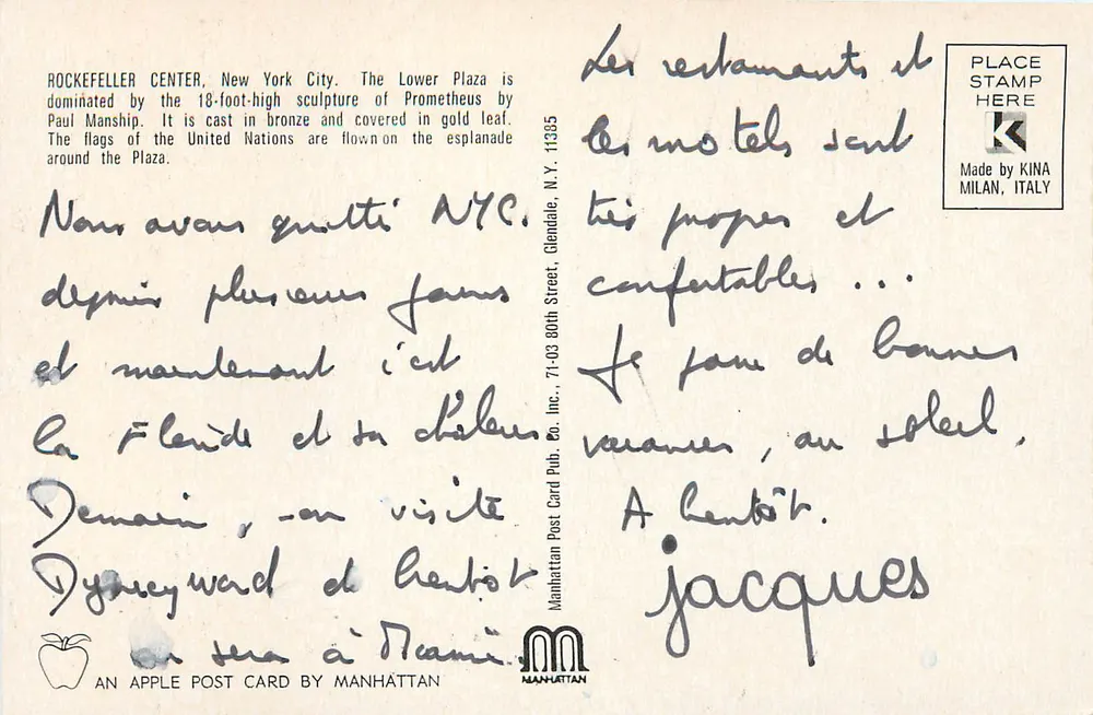 Rockefeller Center — Prometeu — Carta postal de Manhattan Post Card by Manhatttan - Verso