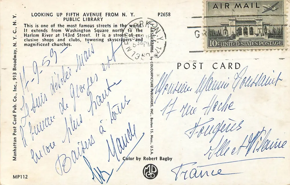 Vue de la 5e Avenue à New York — Manhattan Post Card Pub. Co., Inc. — n° MP112 - Verso