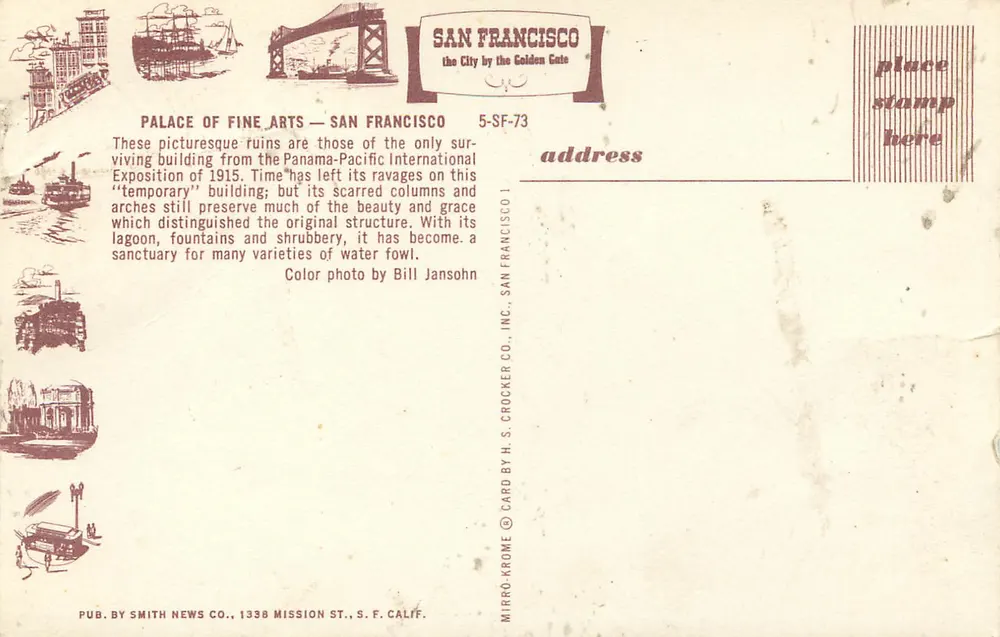 Palace of Fine Arts — San Francisco — H.S. Crocker Co. Inc. 5-SF-73 - Verso