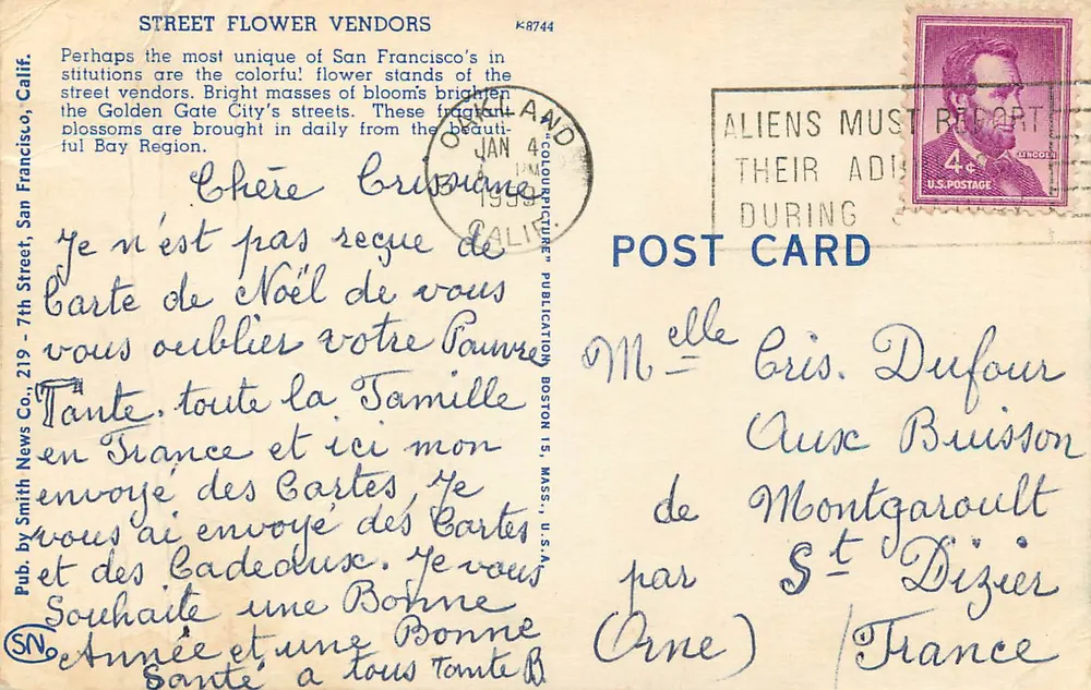Street Flower Vendors — San Francisco, California — Smith News Co., n° K8744 - Verso