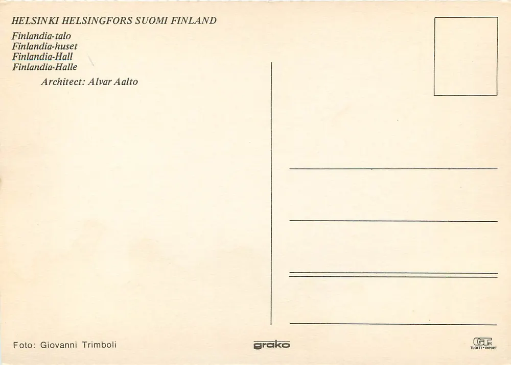 Finlandia Hall — Helsinki, Finlande — éditeur Grako - Verso