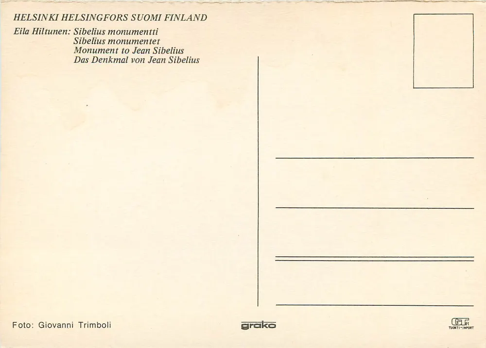 Denkmal für Jean Sibelius — Helsinki, Finnland — Verlag Grako - Rückseite