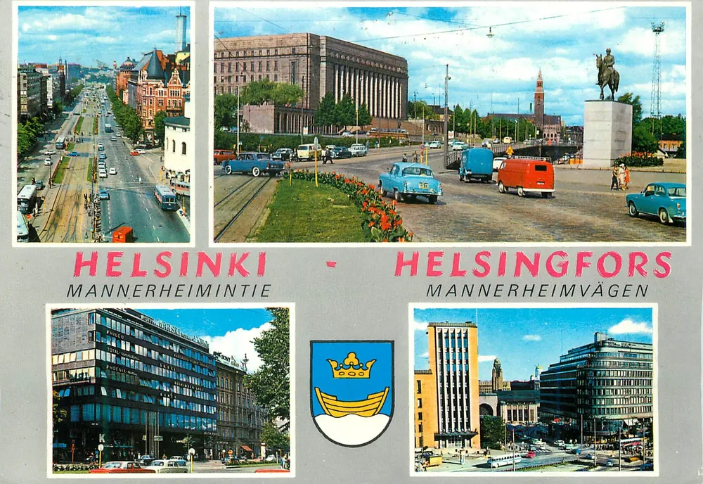 Helsinki - Mannerheimintie — panoramische uitzicht en paardrijden monument — uitgever Varipainos, n° A 1143 - Voorkant