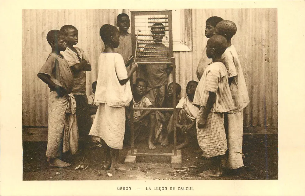 Gabon — La lezione di calcolo — Société des Missions Évangéliques, Paris - Recto