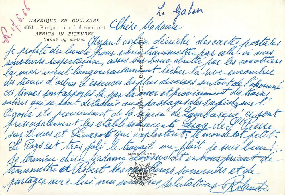 Piroga al atardecer — Gabon — Ediciones HOA-GUI, n° 4051 - Reverso