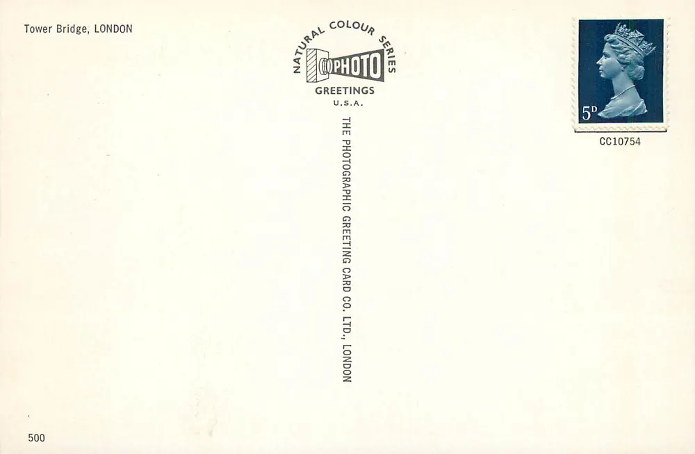 Tower Bridge, LONDON — vista com barcos — éditeur : THE PHOTOGRAPHIC GREETING CARD CO. LTD., LONDON, n° 500 - Verso