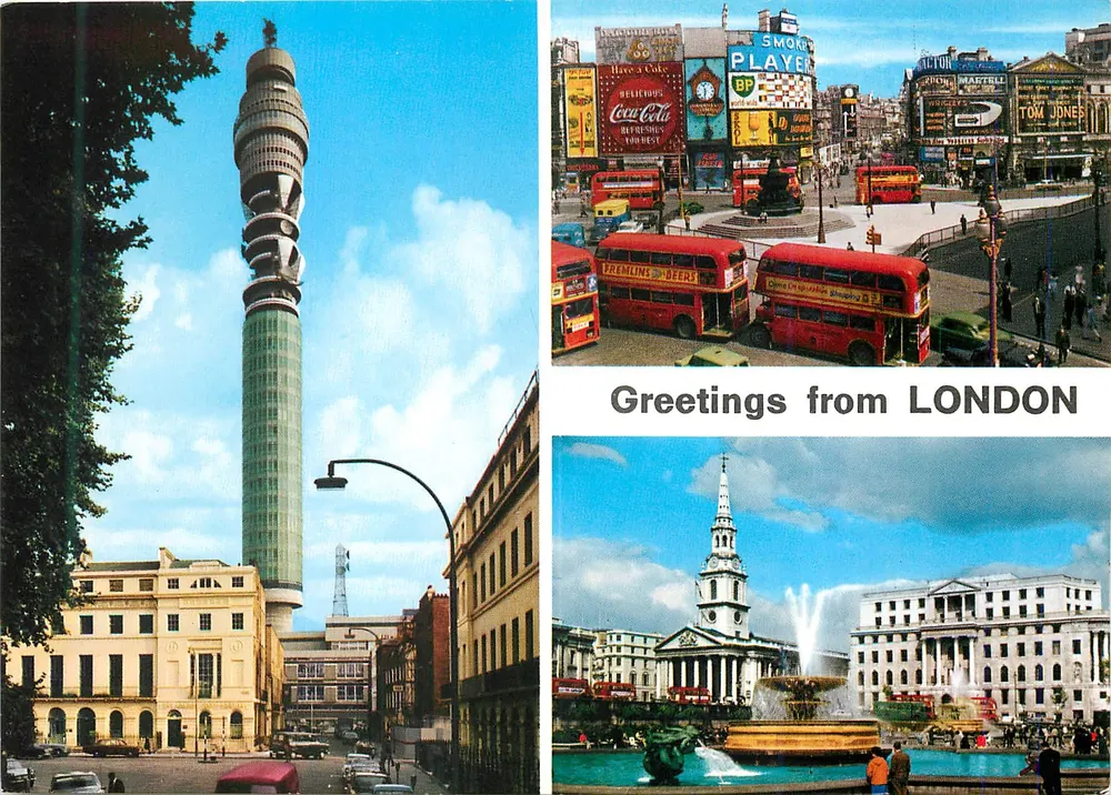 Londres — Torre de Televisão, Times Square e Trafalgar Square — John Hinde Original - Frente