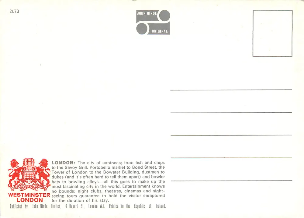 Londres — Torre de Televisão, Times Square e Trafalgar Square — John Hinde Original - Verso
