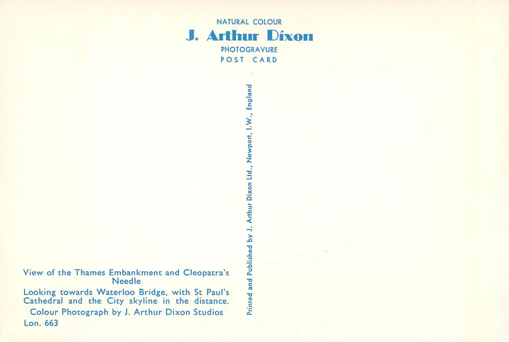 Thames Embankment — Waterloo Bridge und Londoner Skyline — J. Arthur Dixon, n° 663 - Rückseite