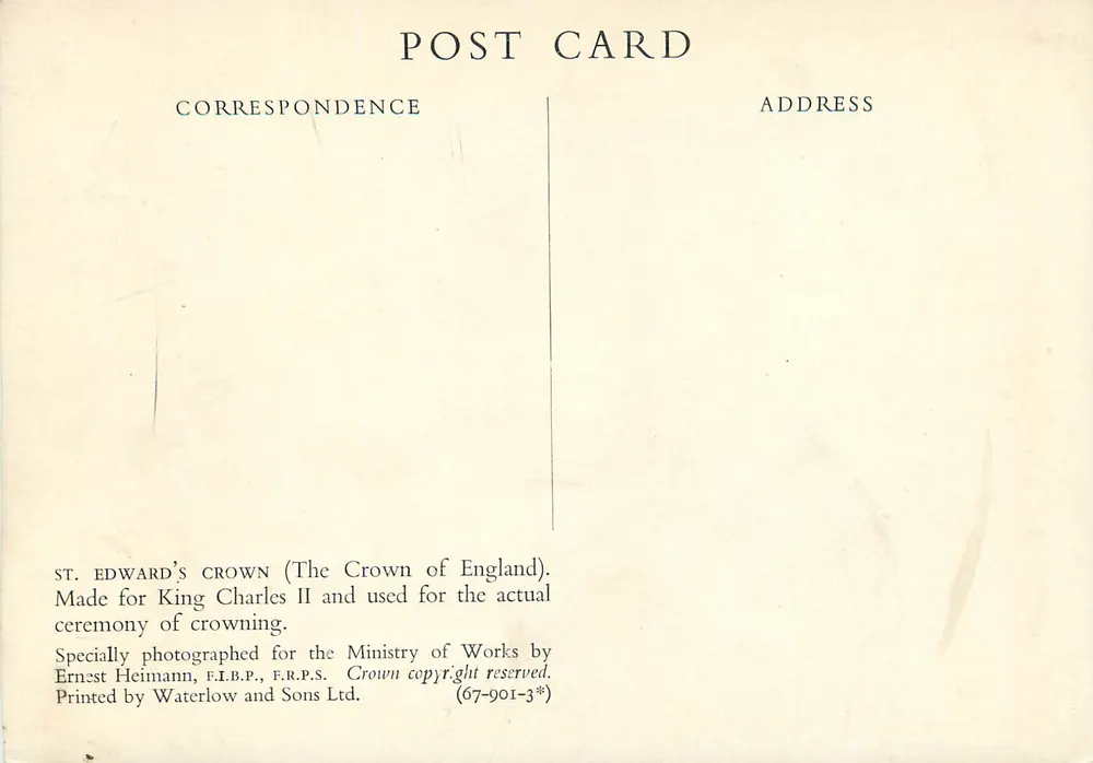 Couronne de Saint-Édouard (Couronne d'Angleterre) — pour le couronnement de Charles II — éditée par Waterlow and Sons Ltd. - Verso