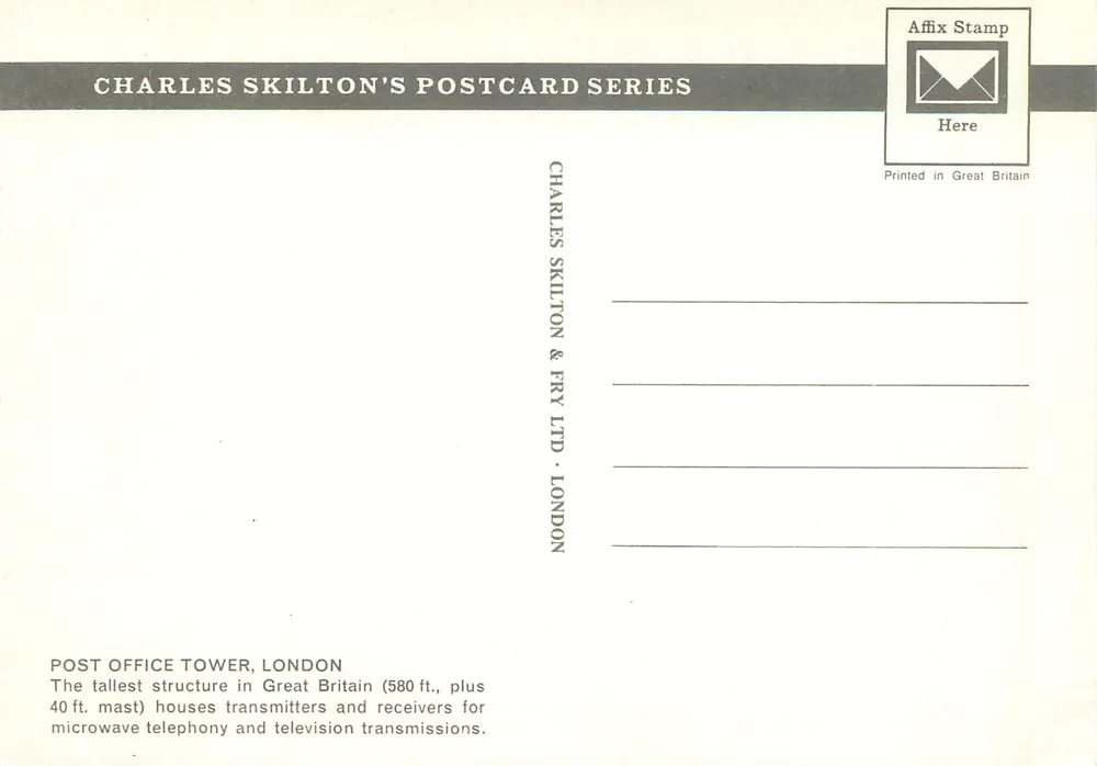 LONDRES - Torre do Correio - Série de cartas postais de Charles Skilton n°73 - Verso
