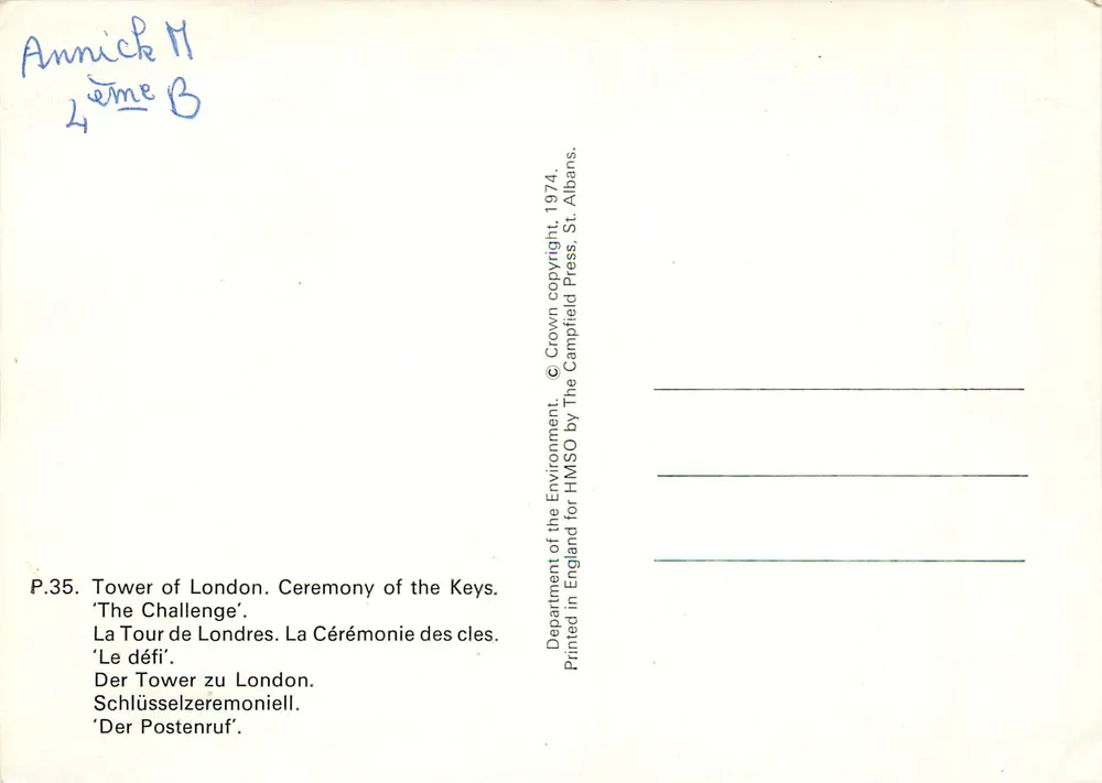 Tower of London — Zeremonie der Schlüssel — The Crownfield Press, St. Albans - Rückseite
