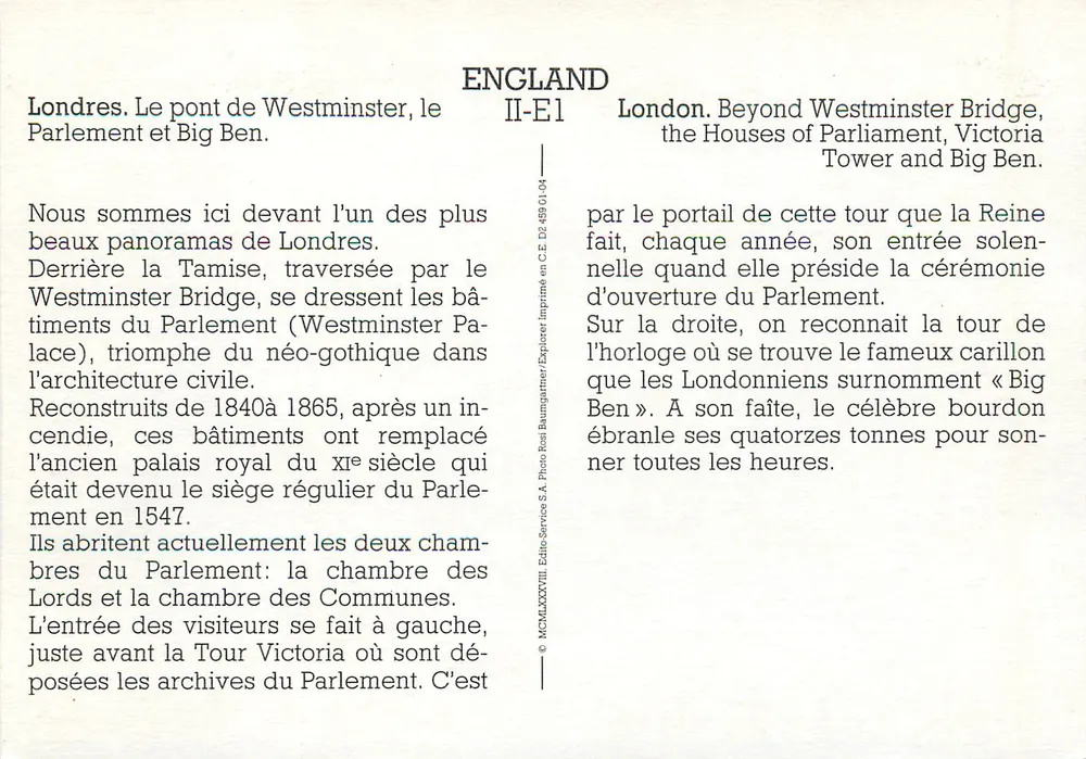Londres. Le pont de Westminster, le Parlement et Big Ben — Photo-Rail Baumgartner, série II-E1 - Verso