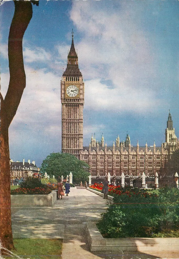 Big Ben e o Parlamento — Londres — Publicado por A.V. Fry & Co. Ltd. n° G.5 - Frente
