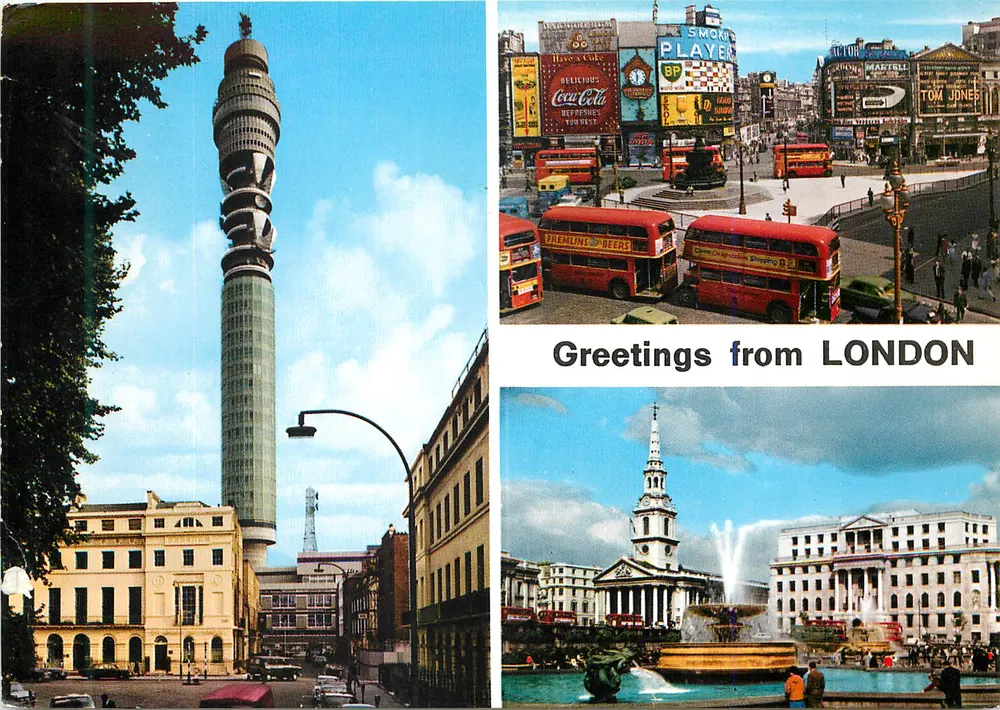 Londres — Torre de televisão, Piccadilly Circus e fonte — John Hinde - Frente