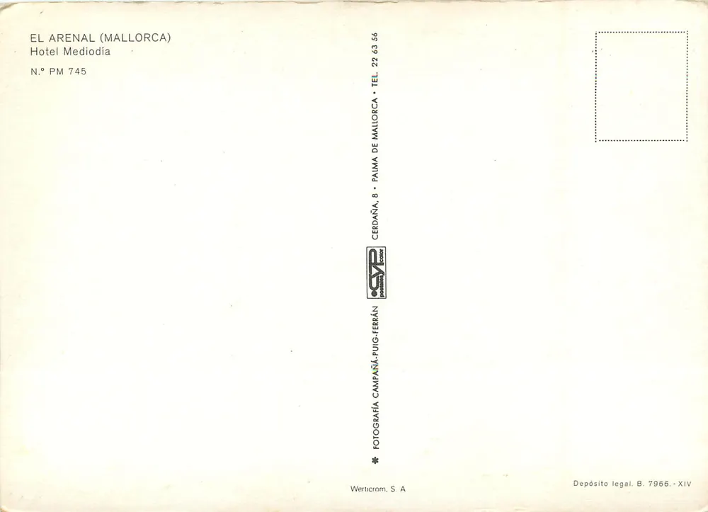 Hotel Mediodia — El Arenal (Mallorca) — Werticrom, S.A. n° PM 745 - Reverso