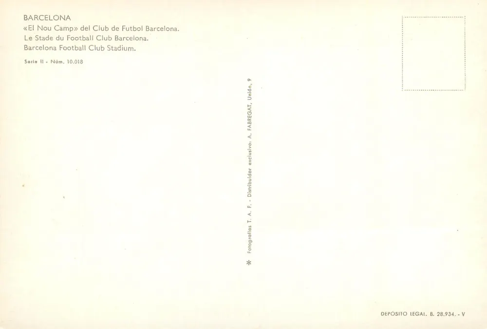 Barcelone — Stade du FC Barcelone — éditeur FABREGAT, n° 10.018 - Verso