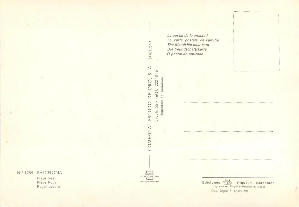 Plaza Real — Barcelona — Comercial Escudo de Oro, N° 1255 - Verso