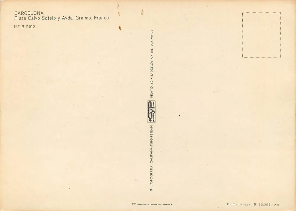 Barcelona — Avenue Gralmo Franco und Plaza Calvo Sotelo — Verlag Pelayo - Rückseite