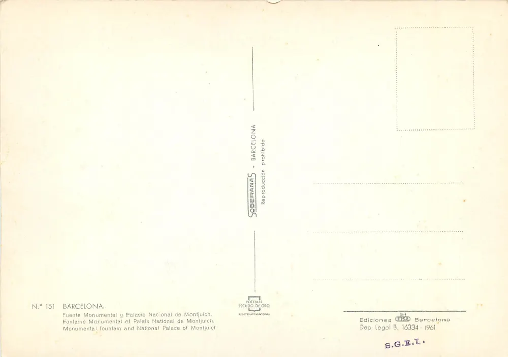 Monumentale Fontäne und Nationalpalast von Montjuïch — Verlag SOBERANAS, Nr. 151 - Rückseite