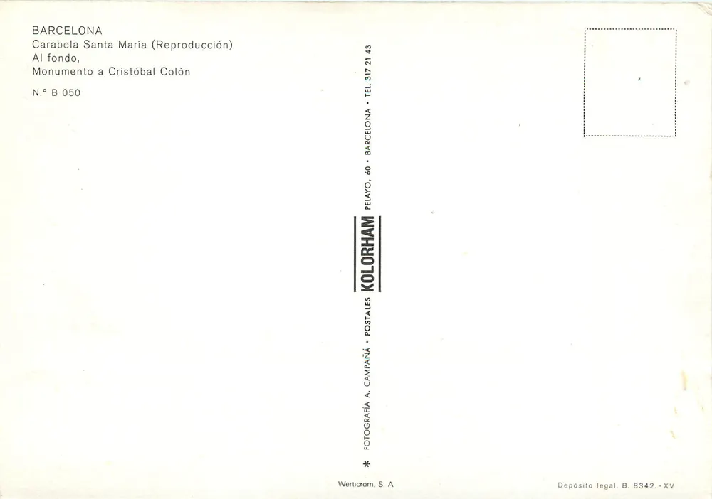 Barcelone — Reproduction de la caravelle Santa María — éditeur Pelayo, n° B 050 - Verso