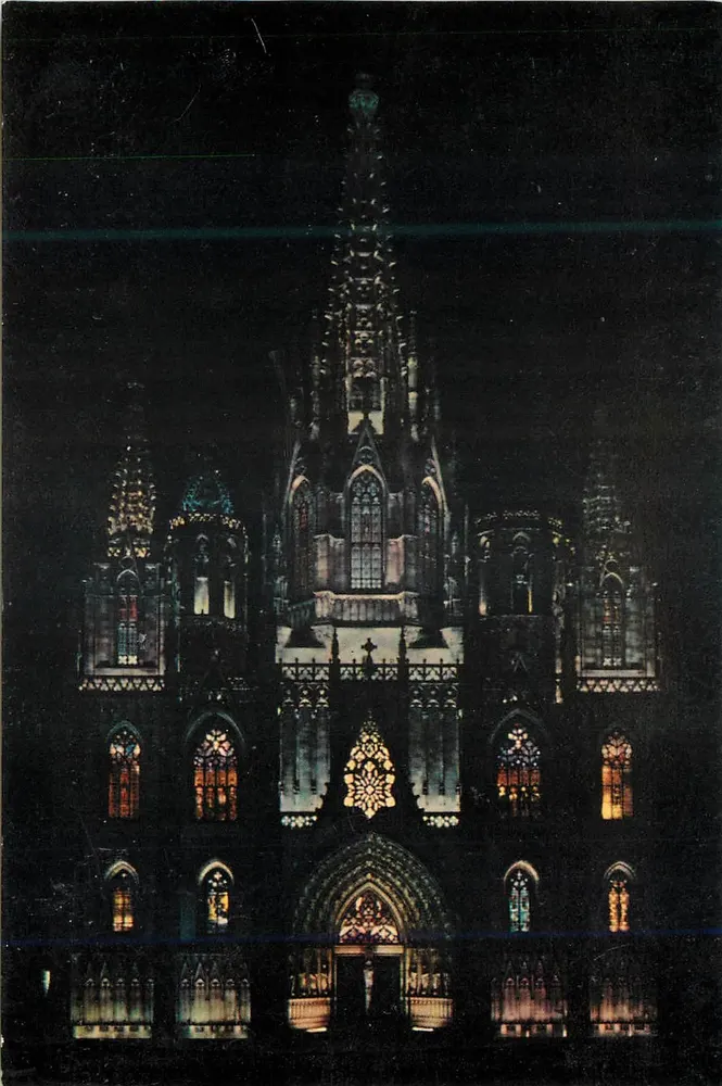 Barcellona — La Cattedrale con la nuova illuminazione — A. FABREGAT, Serie II, N° 84 - Recto