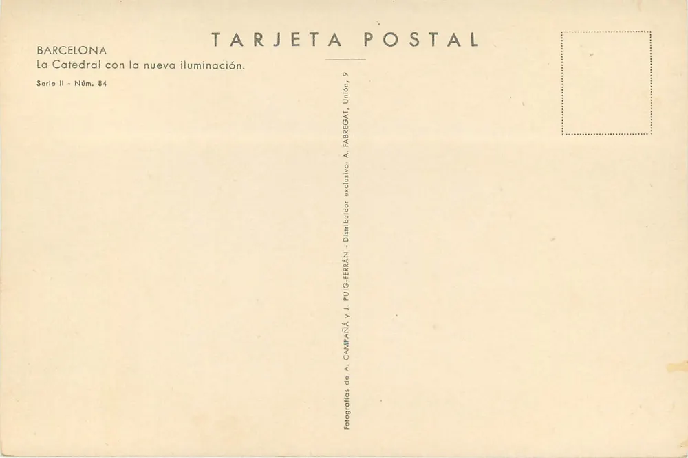 Barcellona — La Cattedrale con la nuova illuminazione — A. FABREGAT, Serie II, N° 84 - Verso