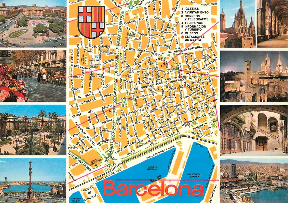 Barcelona — cartão postal turístico com mapa e fotos — editor PELAYOHAM - Frente