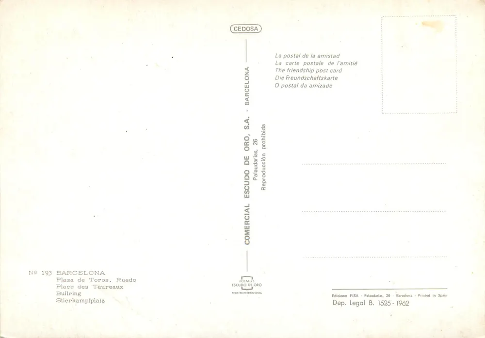 Praça de Touros, Ruedo — Barcelona — Editor Comercial Escudo de Oro, n° 193 - Verso