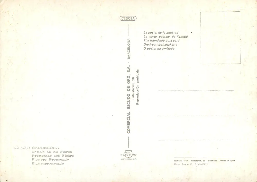 Rambla de las Flores — Barcelona — Editor Comercial Escudo de Oro, n° 5039 - Verso