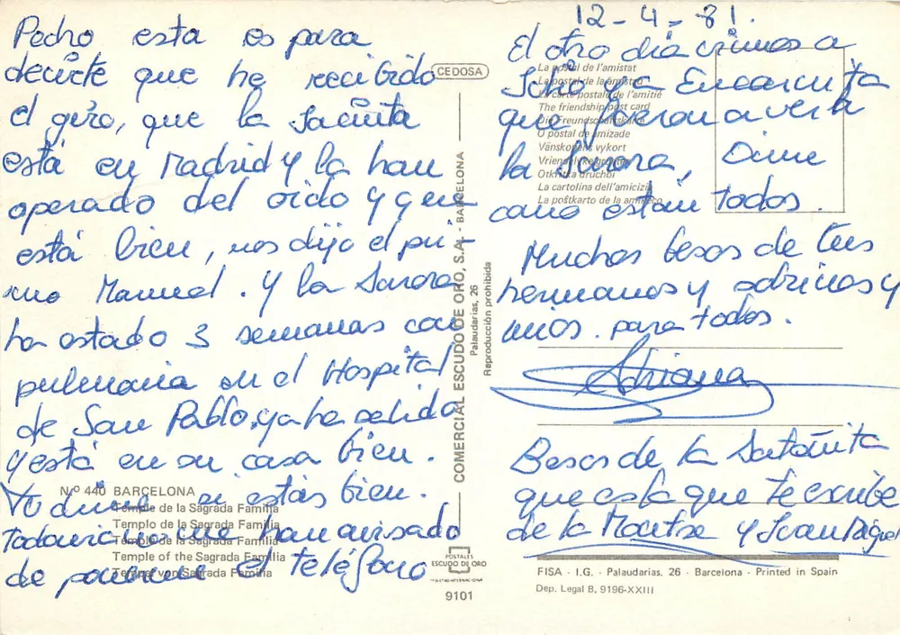 La Sagrada Família — Barcelone — Éditeur Escudo de Oro, n° 9101 - Verso