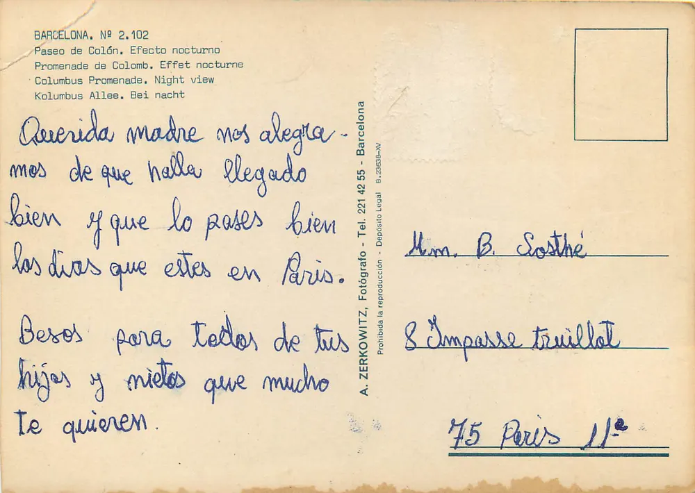 Barcelona — Paseo de Colón, efeito noturno — A. Zerkowitz, n° 2.102 - Verso