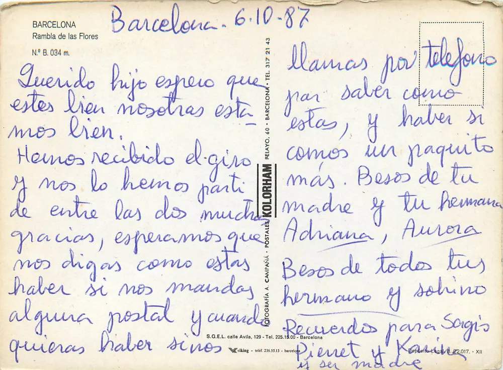 Barcelona — Rambla das Flores — editor Kolorham, n° B.034 m. - Verso