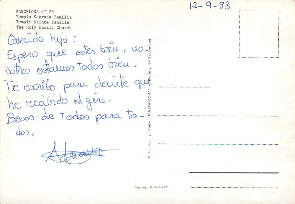 Temple of the Holy Family — Barcelona — Vintage Postcard, Published and Distributed by FABRECAT - Unión, 9-9-83 - Back