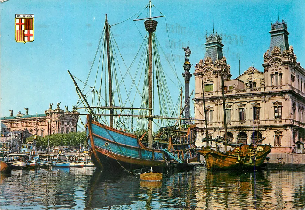 Barcelona — Puerto con barco y monumento a Colón — Vision-Color - Anverso