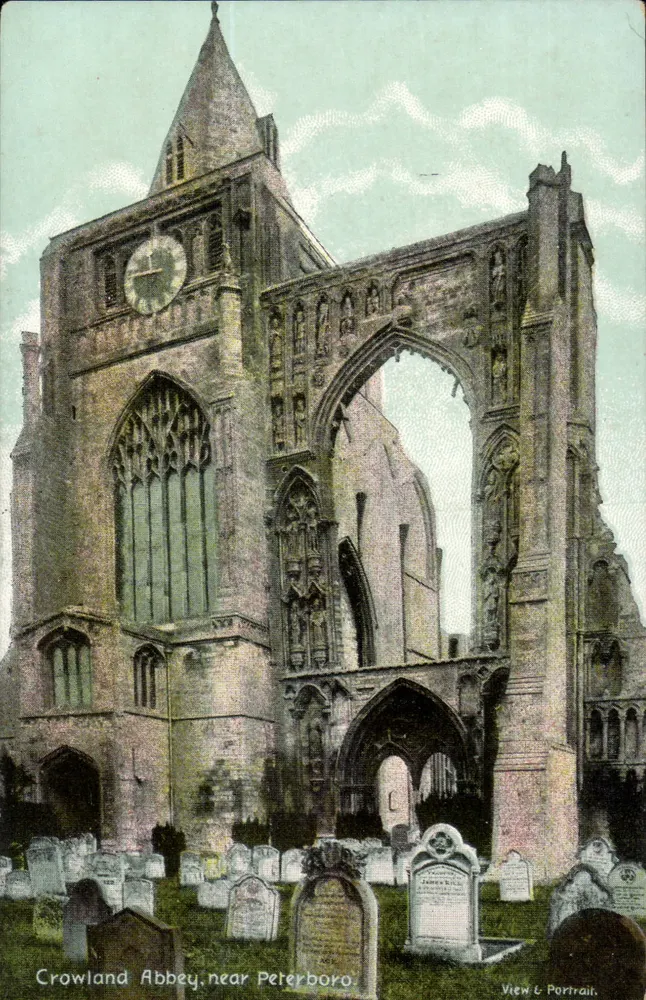 Crowland Abbey, near Peterborough — gotische Ruinen mit Glockenturm und Necropolis — Ansicht & Portrait - Vorderseite