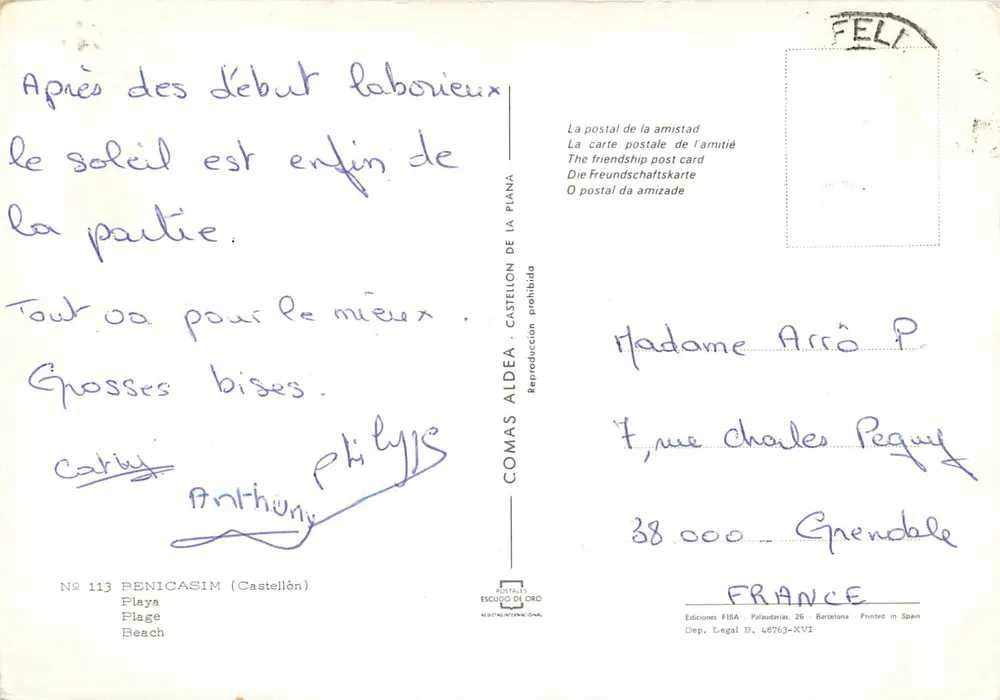 Benicassim — praia e colinas — Editor Comas Aldea, n° 113 - Verso